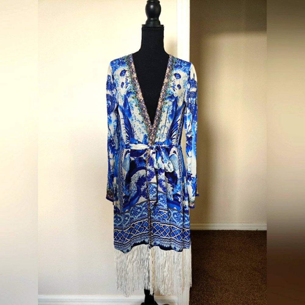 Shahida Parides Fringe Cover up, One size ,  Blue and white print